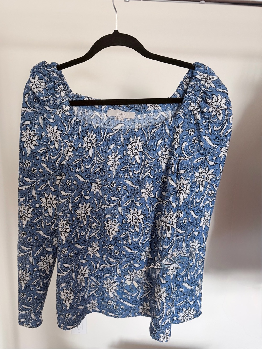 LOFT Blue Floral Square-Neck Puff-Sleeve Blouse